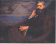 Retrato de Joaquín Costa con el río Ebro como fondo