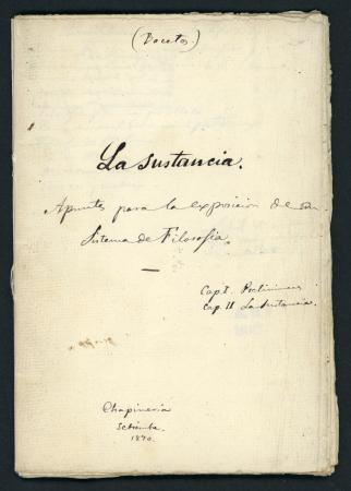 Portada del manuscrito La sustancia. (AHPHu, Fondo Joaquín Costa, carpeta 111.7)
