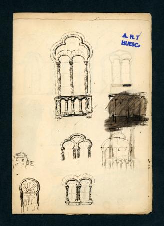 Bocetos de detalles arquitectónicos dibujados por Costa hacia 1870. (AHPHu, Fondo Joaquín Costa, carpeta 111.7)