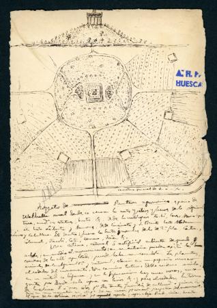 Dibujo original de Costa, bosquejo de una utopía agrícola moral basado en la mitología nórdica. (AHPHu, Fondo Joaquín Costa, carpeta 115.3)